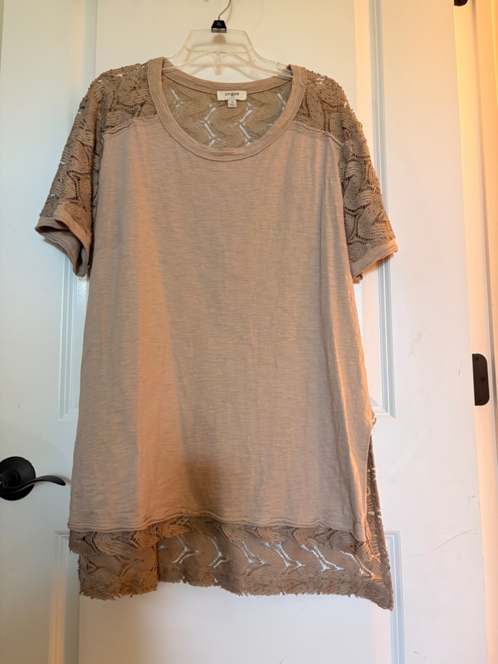 Umgee Taupe Crochet Sleeve & Hem Tunic Top